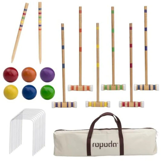 Six-Player Croquet Set with Wooden Mallets Colored Balls Sturdy Carrying Bag for Adults Perfect for Lawn Backyard Park and More
