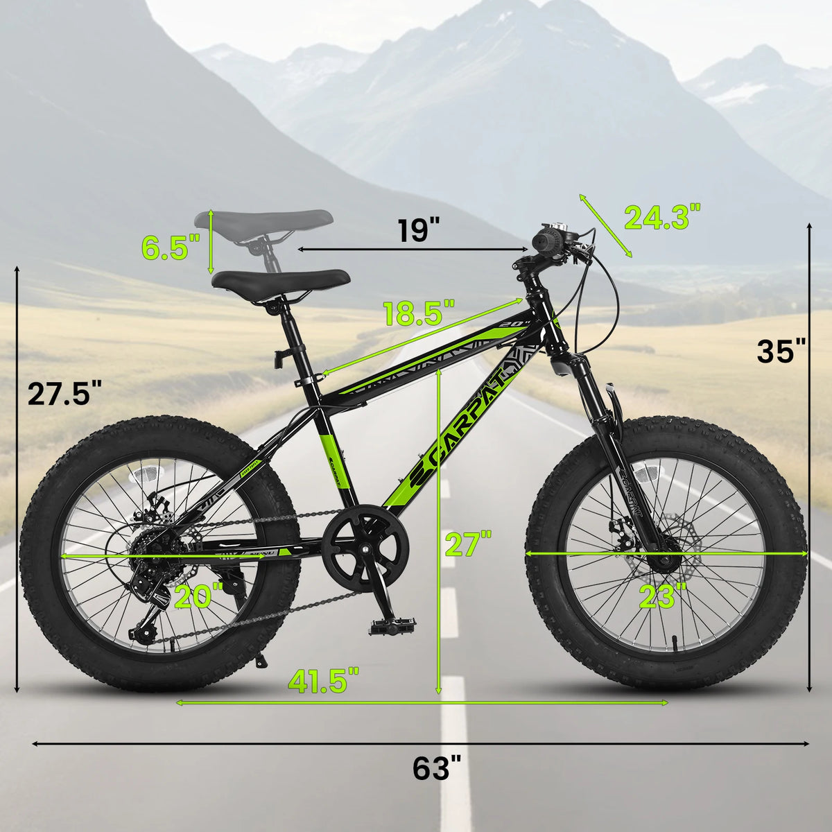 20 Inch Fat Tire Kids Mountain Bike, 4.0" Wide Non-Slip Fat Tires, 7-Speed Disc Brake, Boys Girls Outdoor Kids' Bicycles Gift