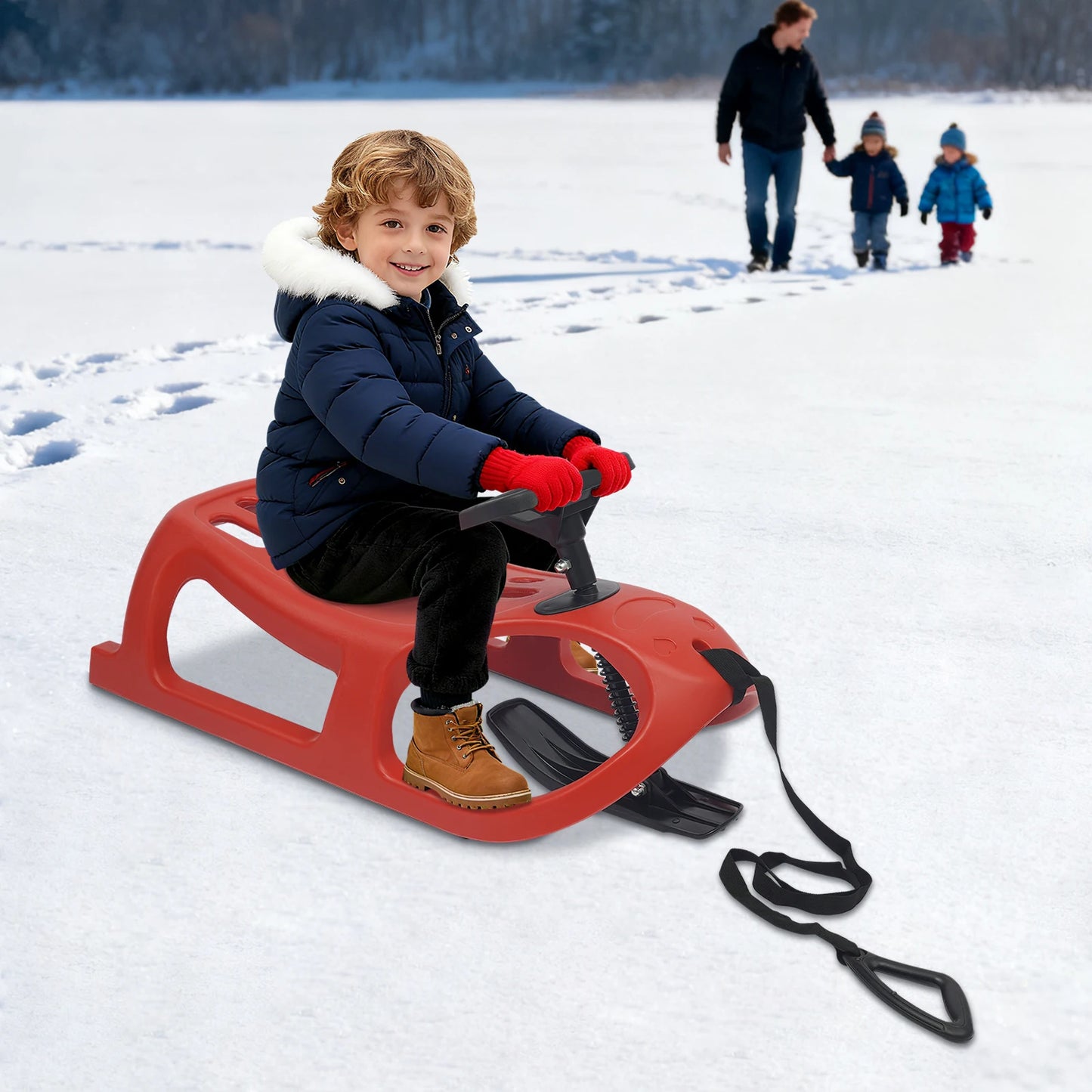 Single Rider Racer Toboggan with Steering Wheel and Pull Rope, Outdoor Snow Sled for Toddlers & Kids, Load Capacity 220.46lbs