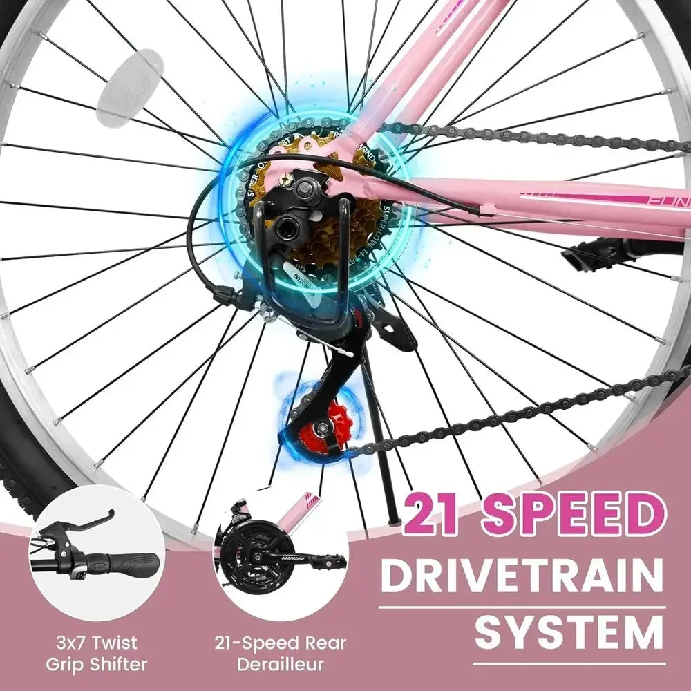 24/26 Inch Women's Mountain Bike, 21-Speed for Summer Travel, V-Brake City Commuter Bicycle