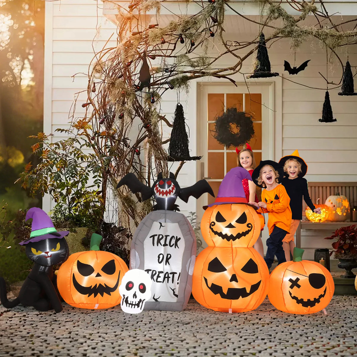 8ft Halloween Pumpkin Black Cat Tombstone Inflatable Yard Decor With Led Lights, Blow Up Outdoor Decoration For Lawn Garden Porch Party