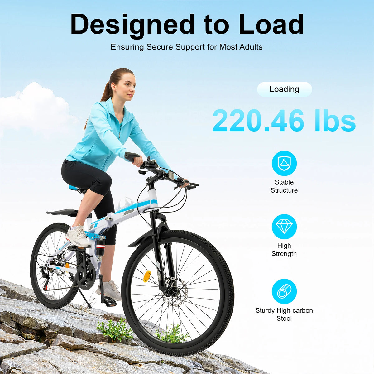 Mountain Bike, Folding Bicycle, Foldable Mountain Bike, 26 Inch 21 Speed High Carbon Steel, Double Disc Brake, Blue White, Easy Assembly, Shock Absorber, Anti-Rust Durable Frame, Outdoor Off-Road Commuter, Compact Storage, Me