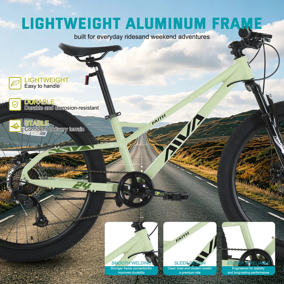 AIVA FAITH24 24 Inch Hardtail Mountain Bike, 7-Speed MTB, Bicycle for Teens & Adults, Lightweight Aluminum Frame, Suspension Fork, Front & Rear Disc Brakes