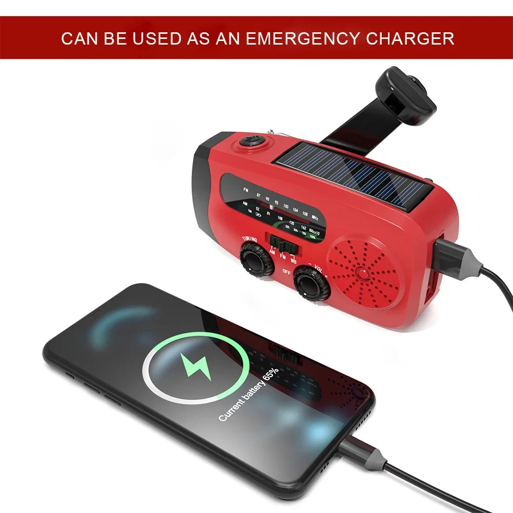 Portable Emergency Crank Radio FM/AM/WB Weather Radio with LED Flashlight Multifunctional Solar Power Radio for Outdoor Survival