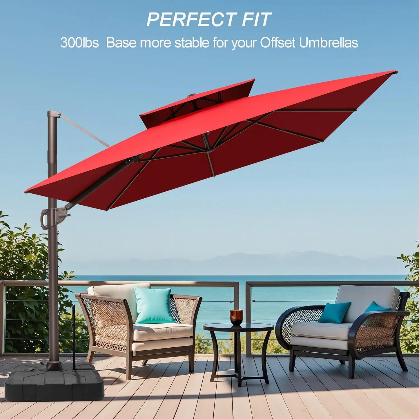 Outdoor Cantilever Umbrella Base with Wheels, 350 lbs Offset Patio Umbrella Stand, Water & Sand Filled Umbrella, Customized