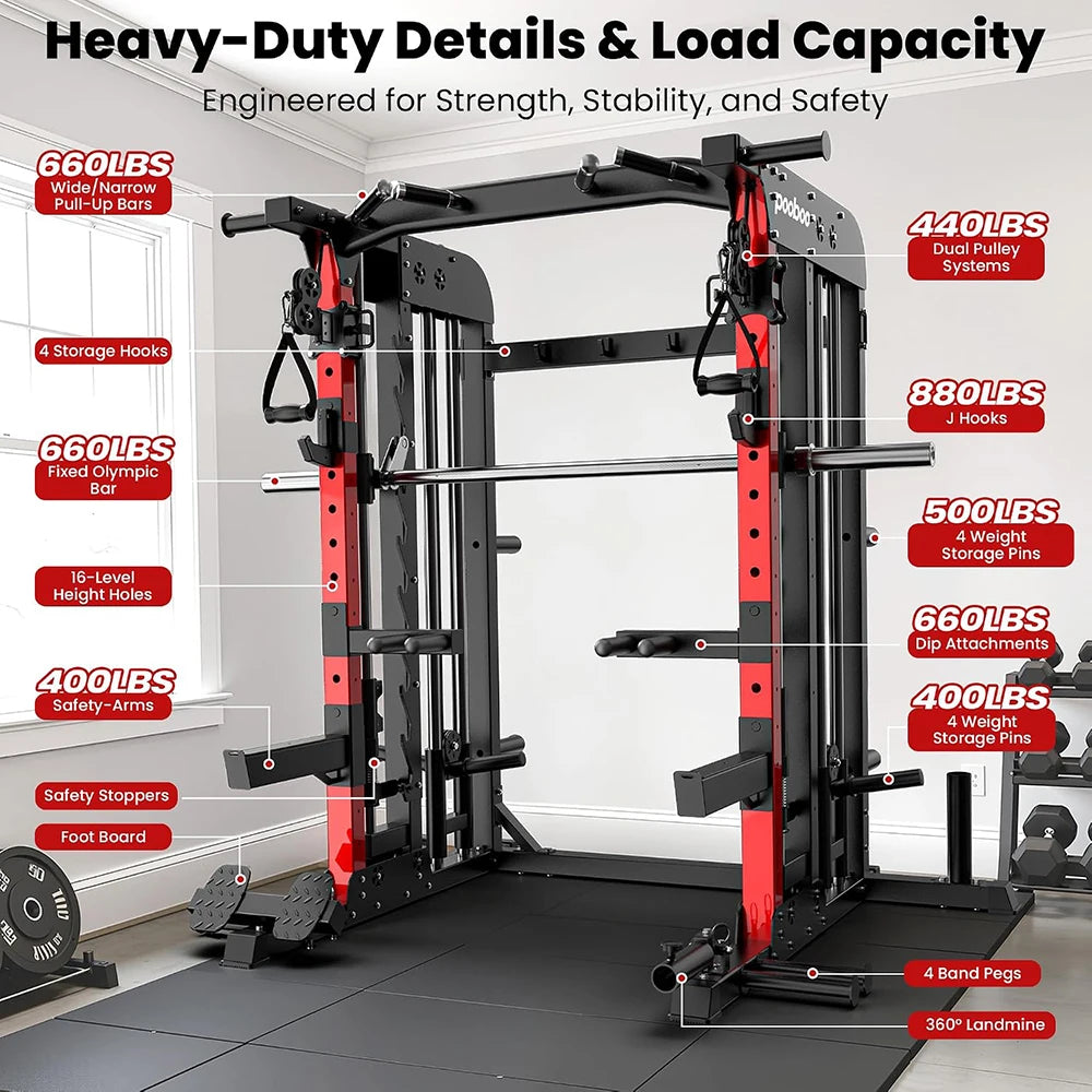 Pooboo Power Cage Smith Machine with 2000LB Squat Rack Cable System | LAT Pulldown and Dual Pulley Cable Crossover with All-in-One Home Gym Machine, Adjustable Stations and Training Attachments with Workout Bench