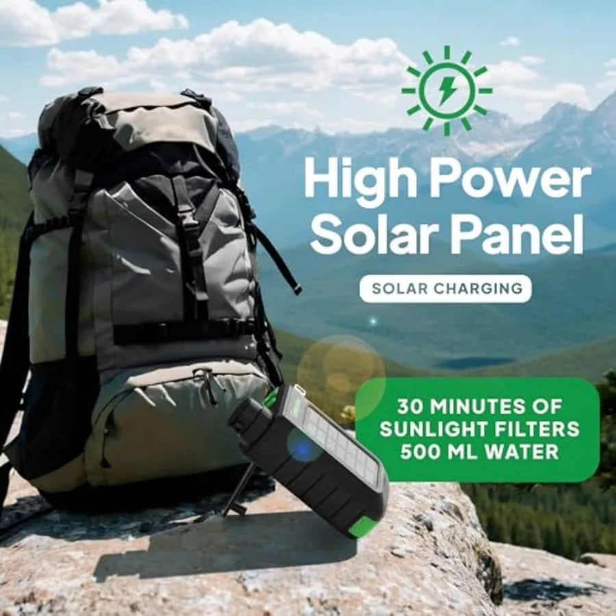 Portable Electric Water Filter for Camping and Survival - 0.01 Micron Water Purification System with Solar Hand Crank USB-C Cha