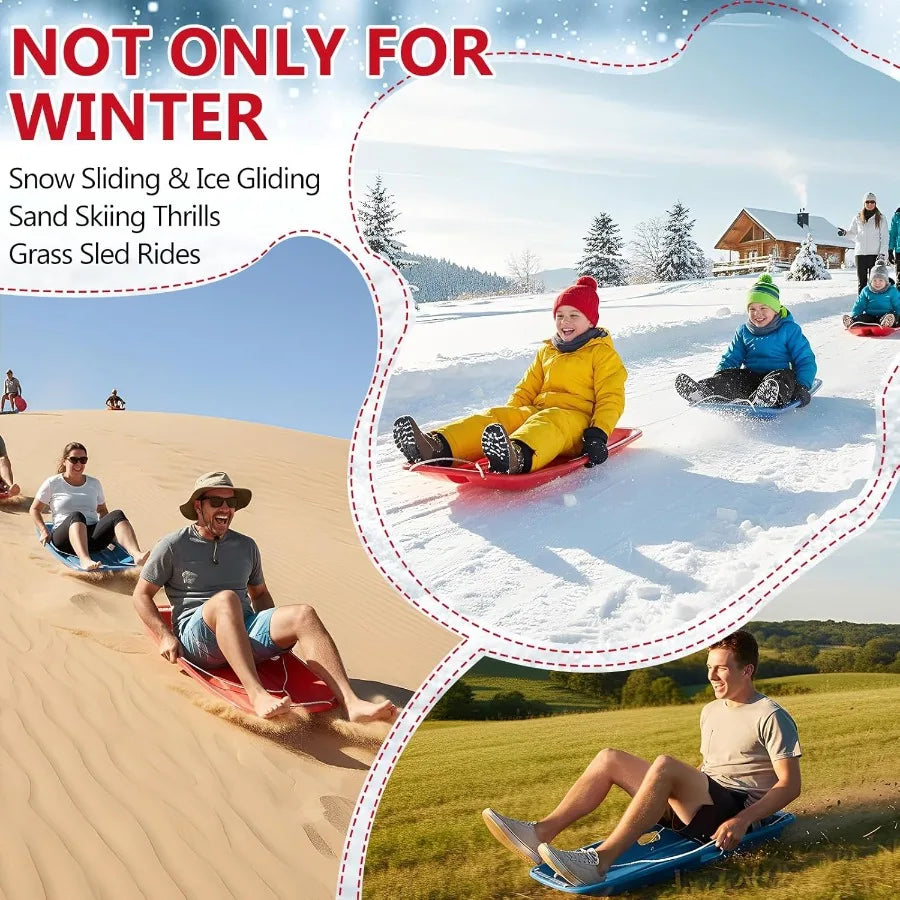 2 Pcs Plastic Snow Sled 35 Downhill Sprinter Winter Toboggan Sled Board with Pull Rope and Handles for Adults Red Durable Winte