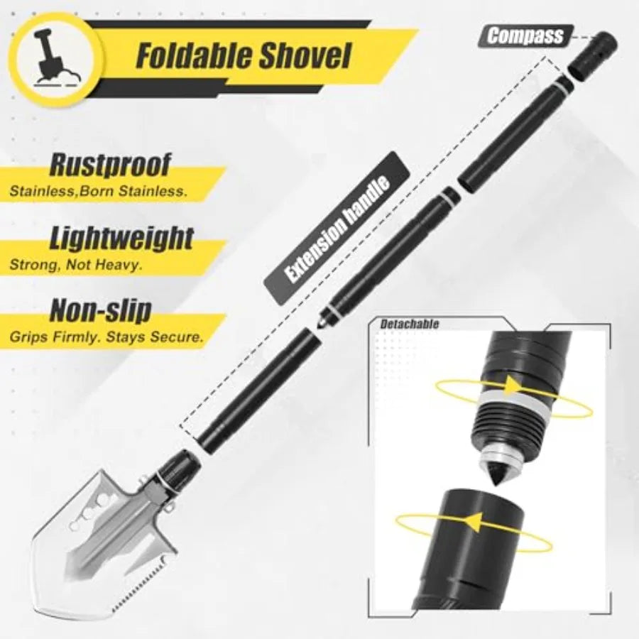 Folding Camping Shovel Axe Kit Multifunctional Survival Shovel with Stainl Steel Pickaxe pliers, Compass Locking scissors Magne