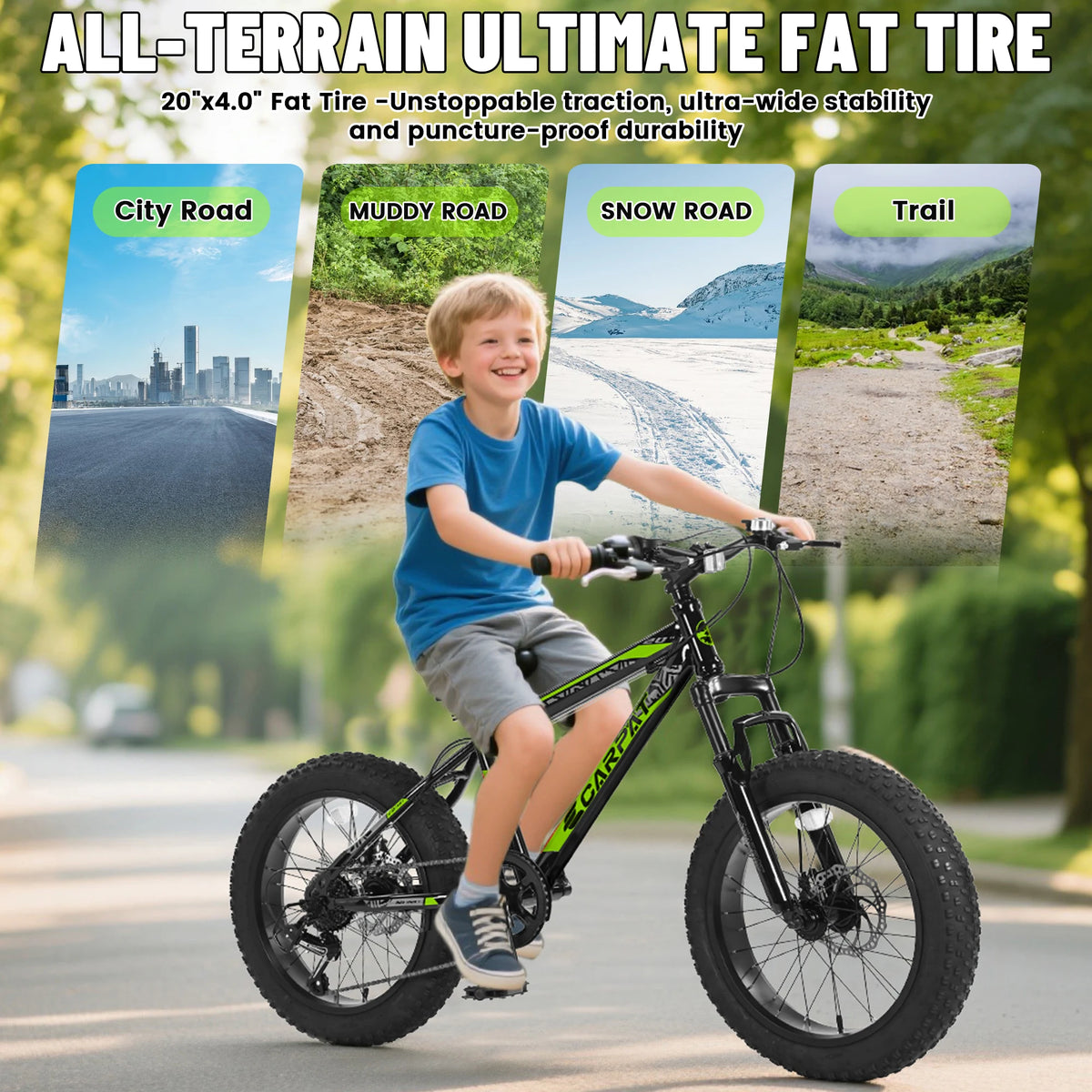 20 Inch Fat Tire Kids Mountain Bike, 4.0" Wide Non-Slip Fat Tires, 7-Speed Disc Brake, Boys Girls Outdoor Kids' Bicycles Gift