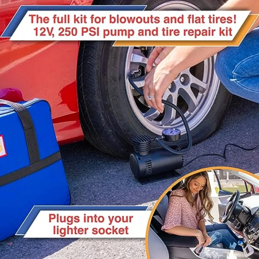 Comprehensive Car Emergency Kit with Air Compressor Jumper Cables First Aid Supplies Tow Strap Tire Gauge and Headlamp Essentia