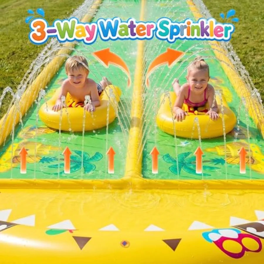 Outdoor backyard water slide for adults and kids, heavy duty PVC, yellow and green, 40×5.9FT with 3-way sprinkler and 2 boards