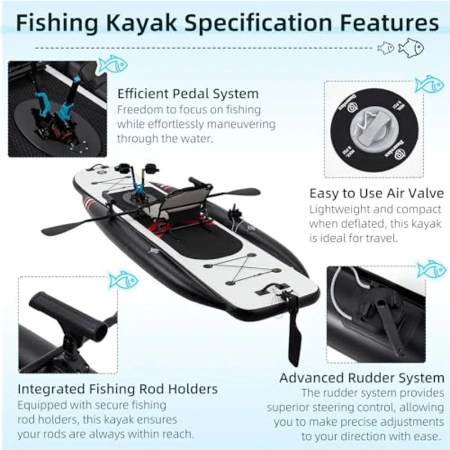 Inflatable Kayak For Fishing, Premium PVC, Blue, 12 Feet With Pedal System, Portable Lightweight Design With Rudder, Aluminum S