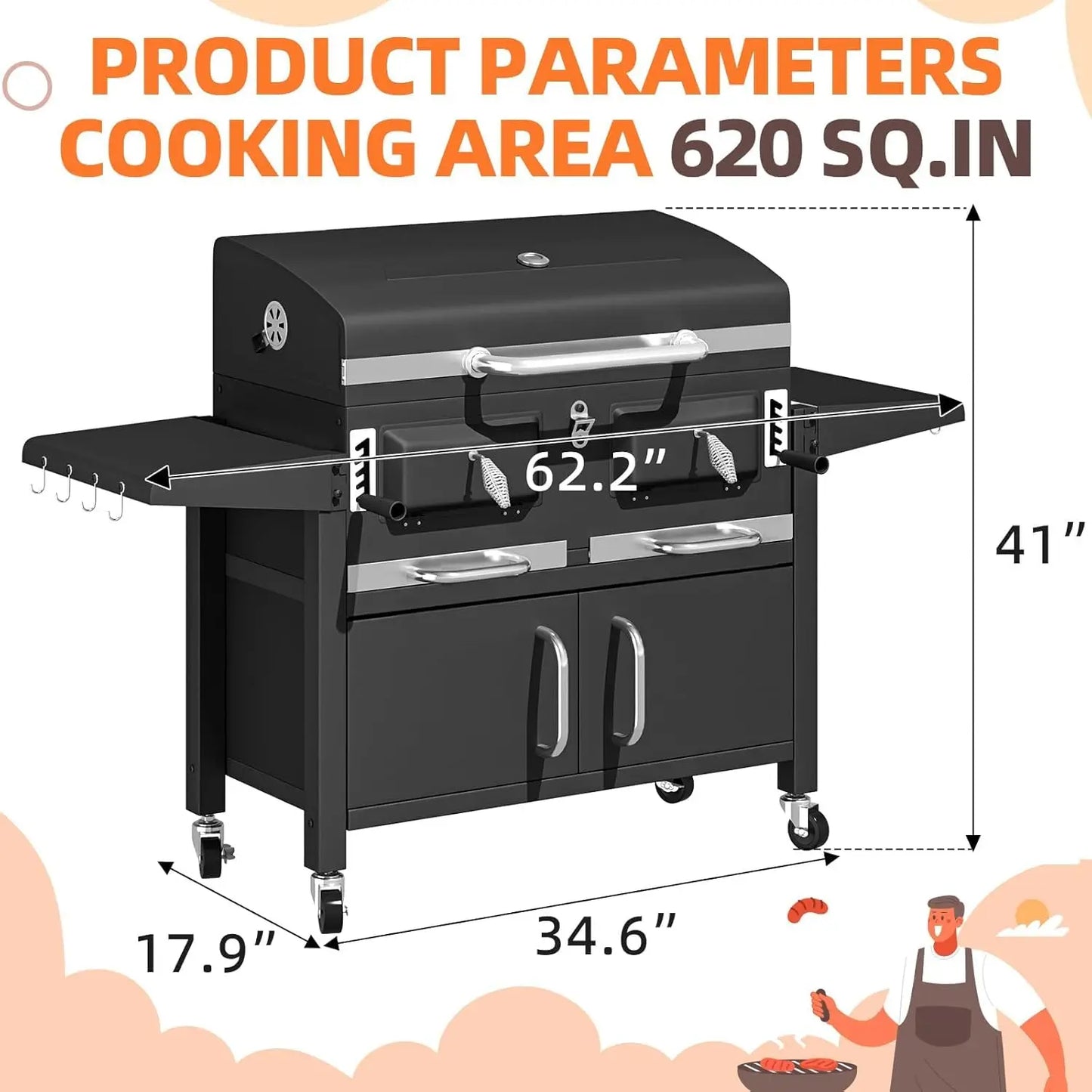 36 In Large Charcoal Grills - 620 Sq.In Oversized BBQ Area with Storage Cabinet & Individual Lifting Charcoal, Customized