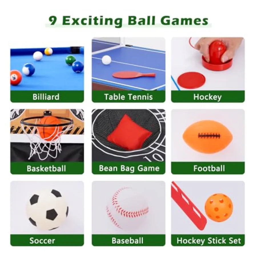 9 in 1 Multi Game Table Combo Game Table Arcade Combination Game Table Set w/Billiards Ping Pong Hockey Basketball Bean Bag and