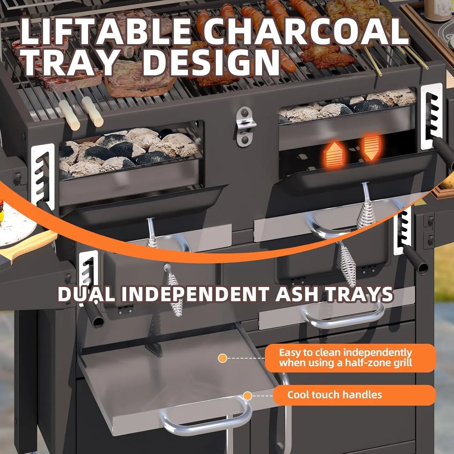 36 In Large Charcoal Grills - 620 Sq.In Oversized BBQ Area with Storage Cabinet & Individual Lifting Charcoal, Customized