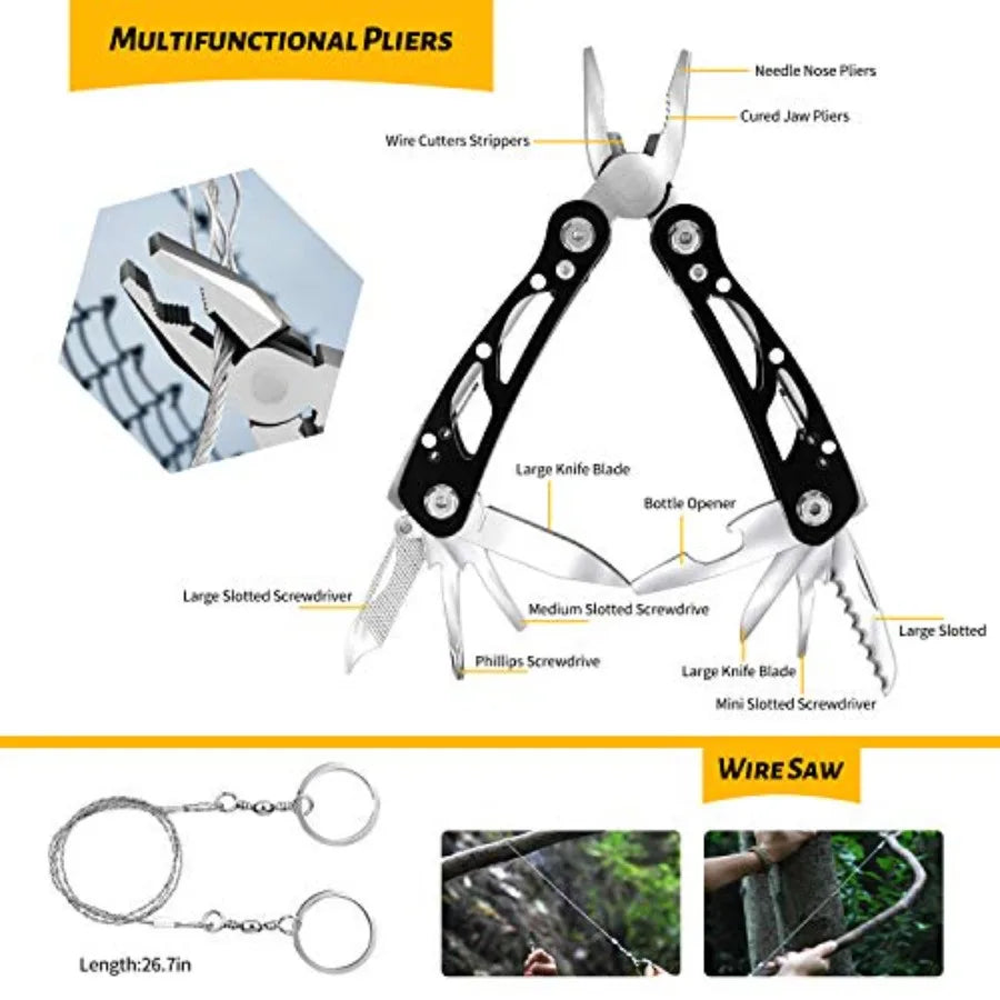 Emergency Survival Gear Kits 60 in 1 Outdoor Survival Tool with Emergency Bracelet Whistle Flashlight Pliers Pen Wire Saw for C