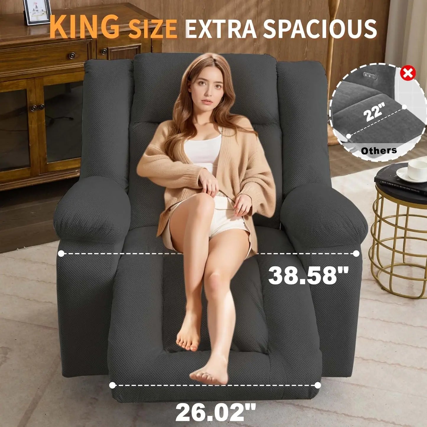 Oversized Power Recliner Chair,Electric Glider Reclining with Massage and Heating,Waffle Fabric Rocker Recliner with Side Pocket