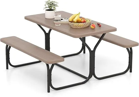 Picnic Table Bench Set Outdoor Camping All Weather Metal Base Wood-Like Texture Backyard Poolside Dining Party Garden