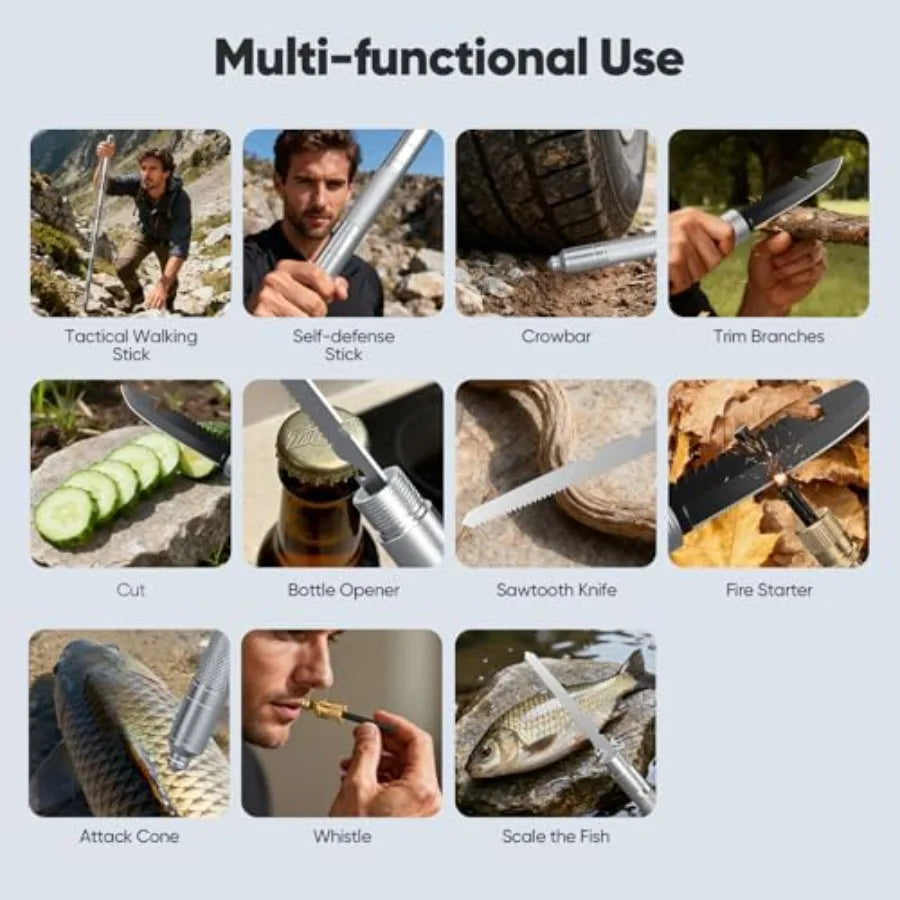 15-in-1 Tactical Walking Stick with Spear and Knife and Flashlight and Thermal Gloves and Anti-Slip Tape Multitool Survival Hik
