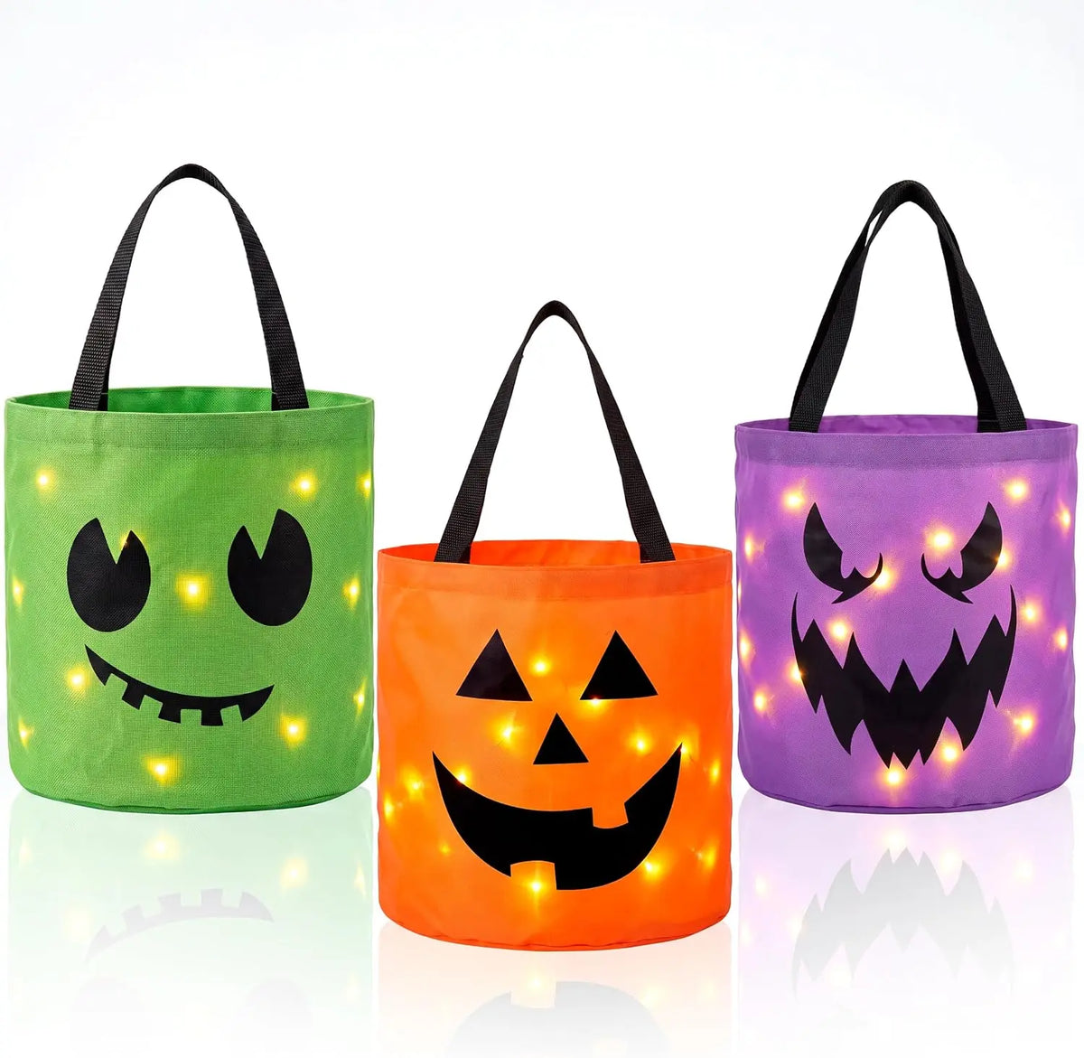 3 PCS Light Up Halloween Pumpkin Bucket 10 x 11.8 in LED Trick or Treat Bucket Orange Green Purple Reusable Goody Candy Bucket Bags for Kids Trick or Treating Party Favor Supplies
