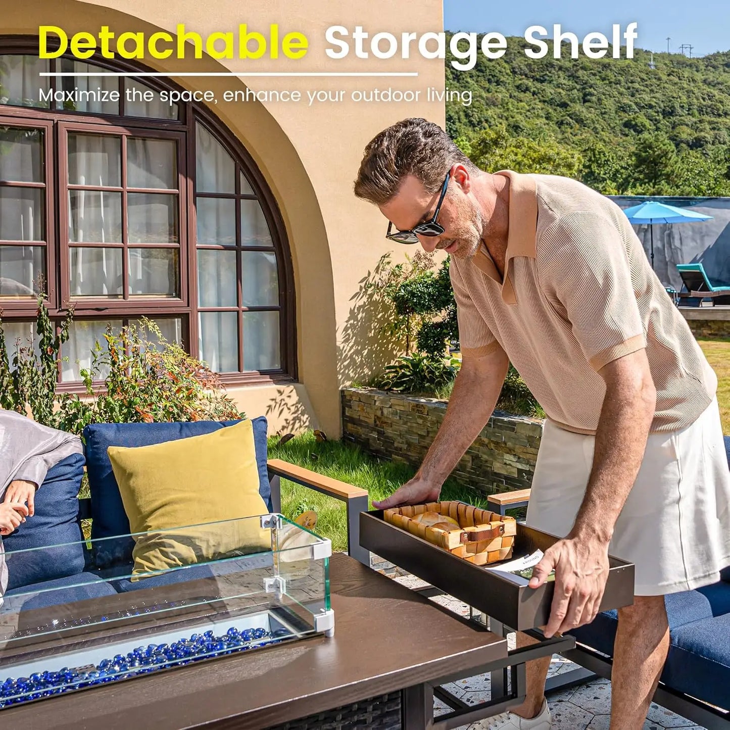 Outdoor 52 Inch Outdoor Fire Pit Table, 50,000 BTU Propane Fire Pits with Storage Shelf, Wicker Patio Gas Fire Pit