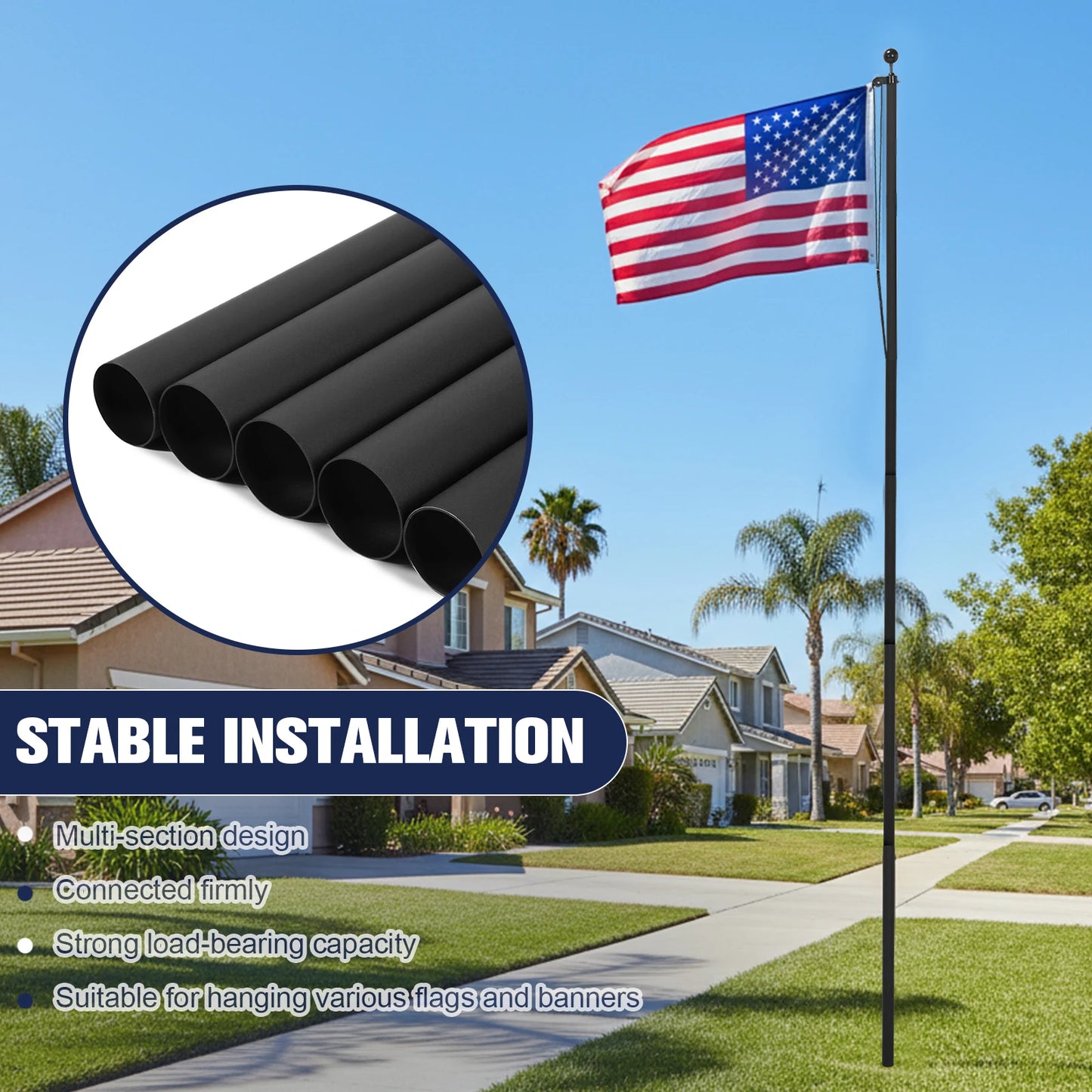 Aluminum Alloy Flag Poles Extra Thick Heavy Duty Flag Pole Holder with 360° Rotating Rings Clip for Residential Outdoor Porch