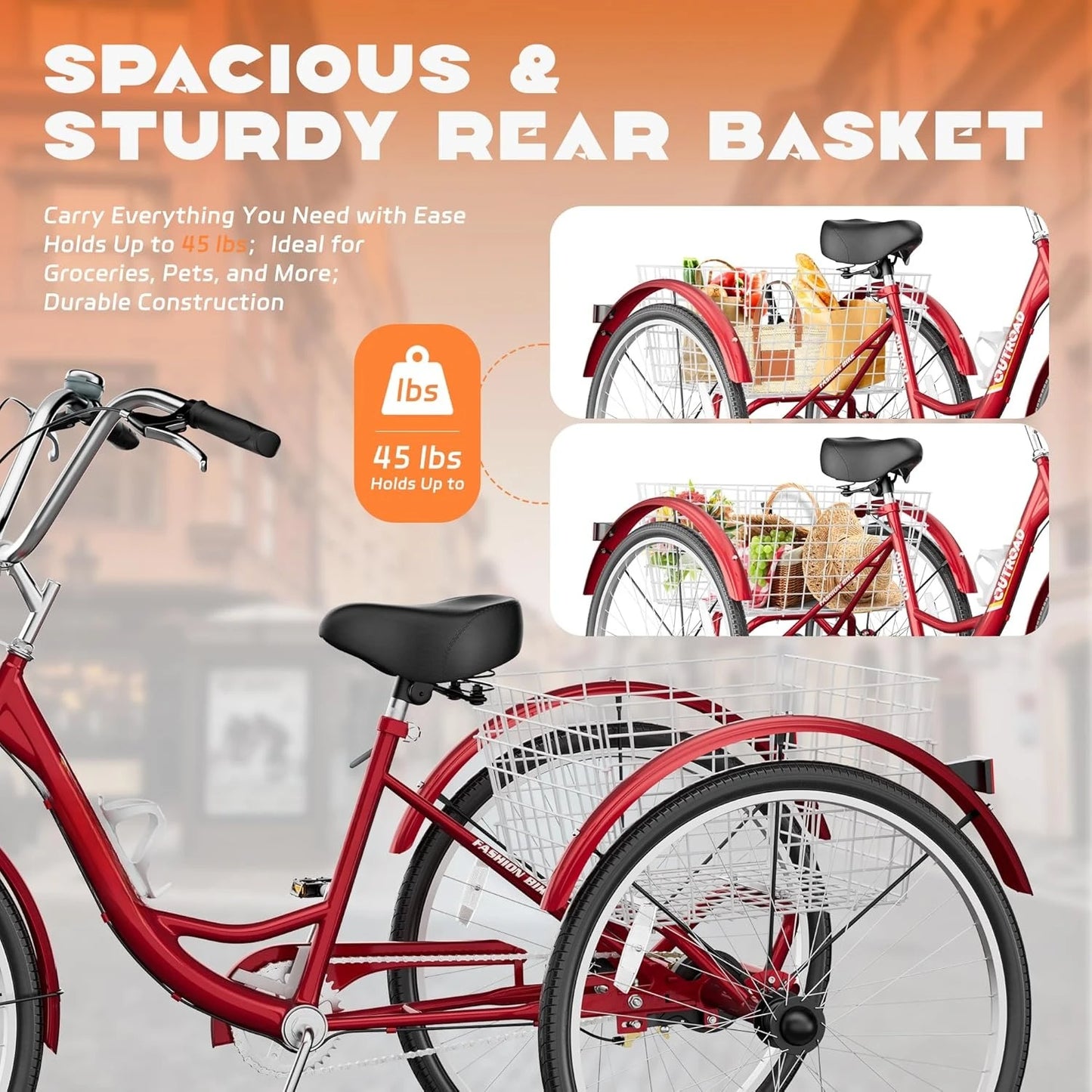 Adult Tricycle with Large Basket 24 Inch, Stable 3 Wheel Cruise Bicycle for Shopping, Long delivery time, Customized