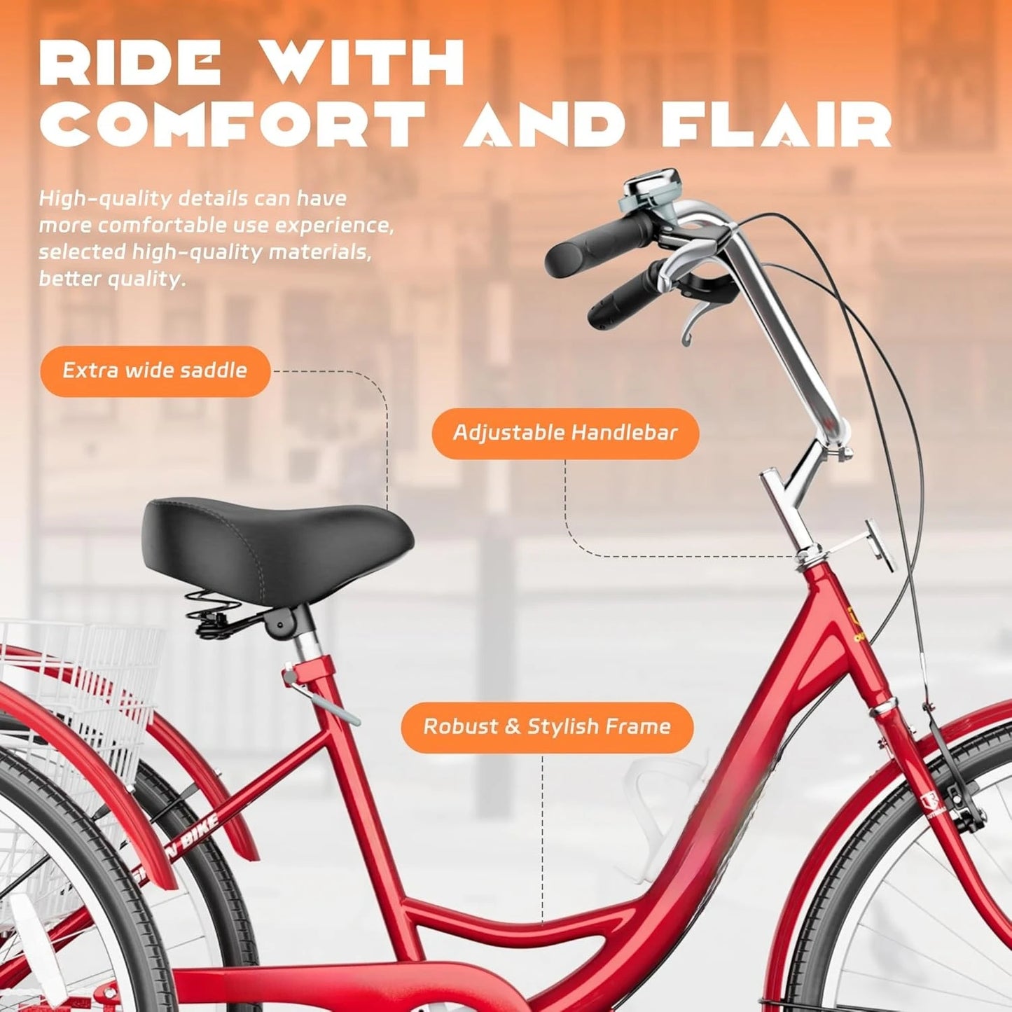 Adult Tricycle with Large Basket 24 Inch, Stable 3 Wheel Cruise Bicycle for Shopping, Long delivery time, Customized