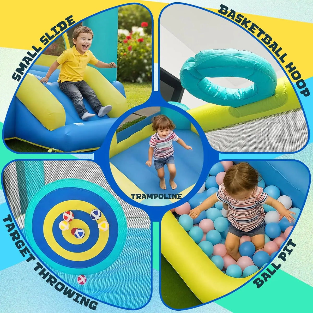Inflatable Bounce House with Blower, Toddler Bouncy Castle Ages 3-6 | Ball Pit, Basketball Hoop & Target Game for Active Indoor