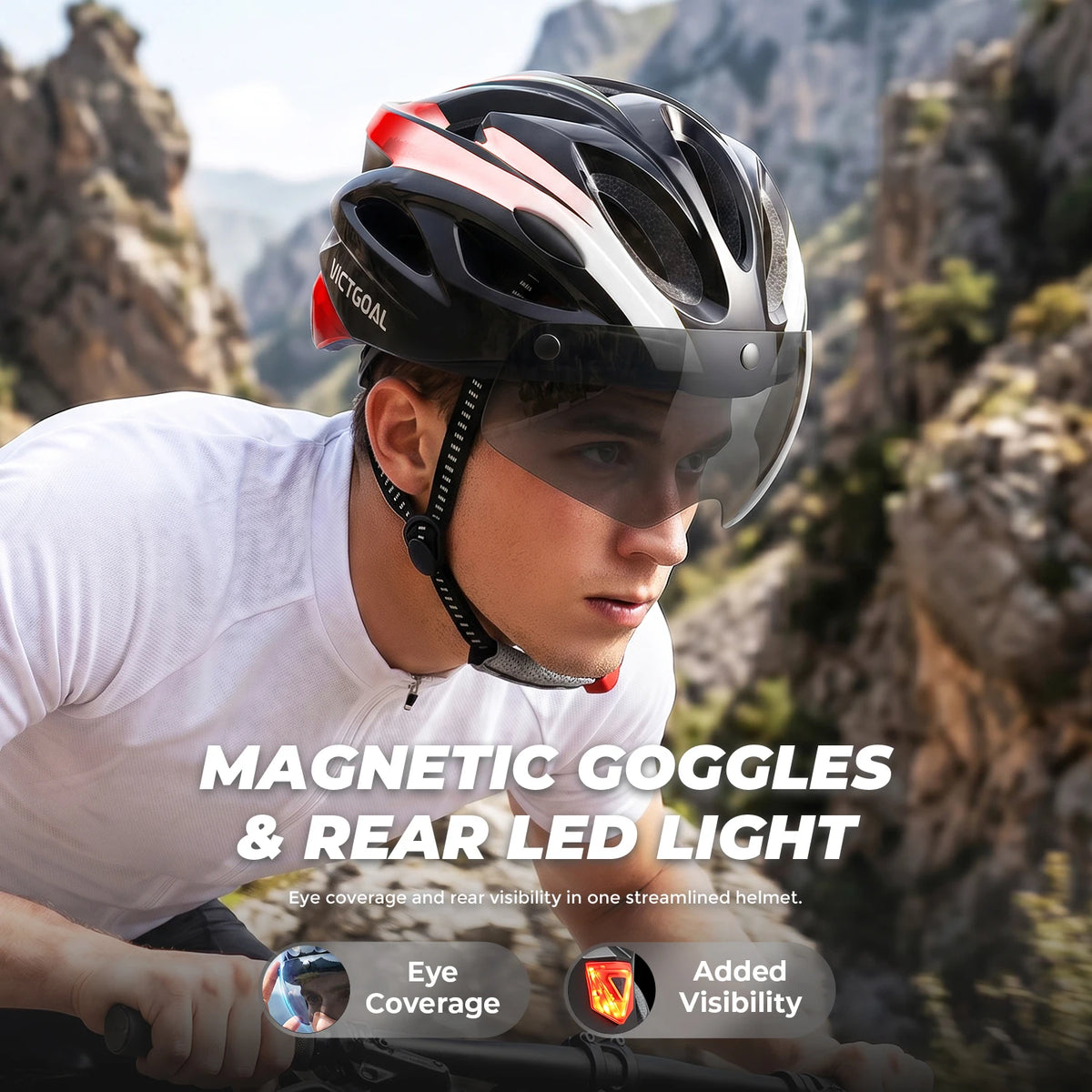 VICTGOAL Bike Helmet for Adults with Light and Goggles Lightweight MTB Road Bicycle Helmets for Men Women Cycling Ebike Scooter