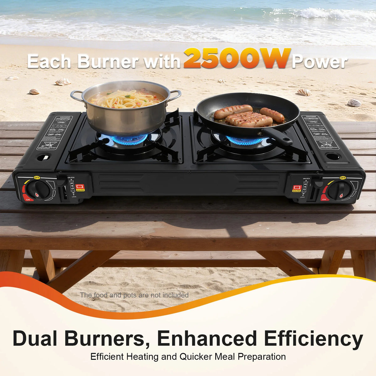 Portable 2-Burner Camping Stove – 2x2500W, Piezo Ignition, Butane/LPG, Non-Stick Pan & Carry Bag, Outdoor BBQ Black