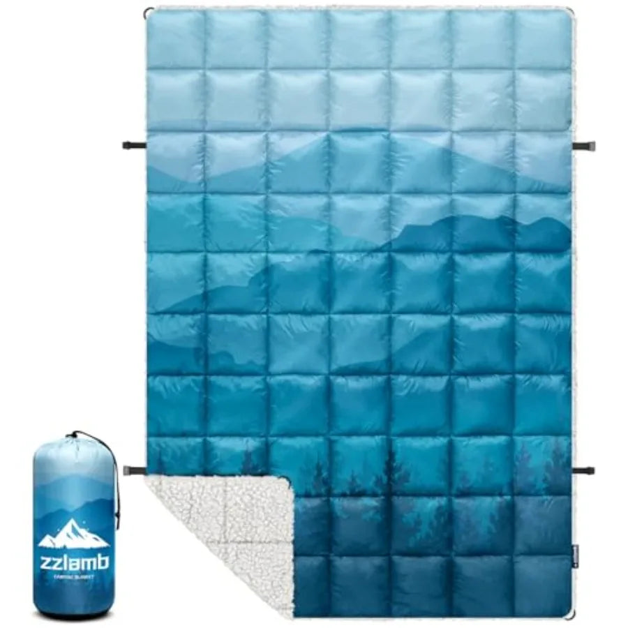 Outdoor Camping Blanket with Sherpa Lining, Puffy Thick Camp Quilt for Sleeping, Packable Warm Wearable Fleece Blankets for Col