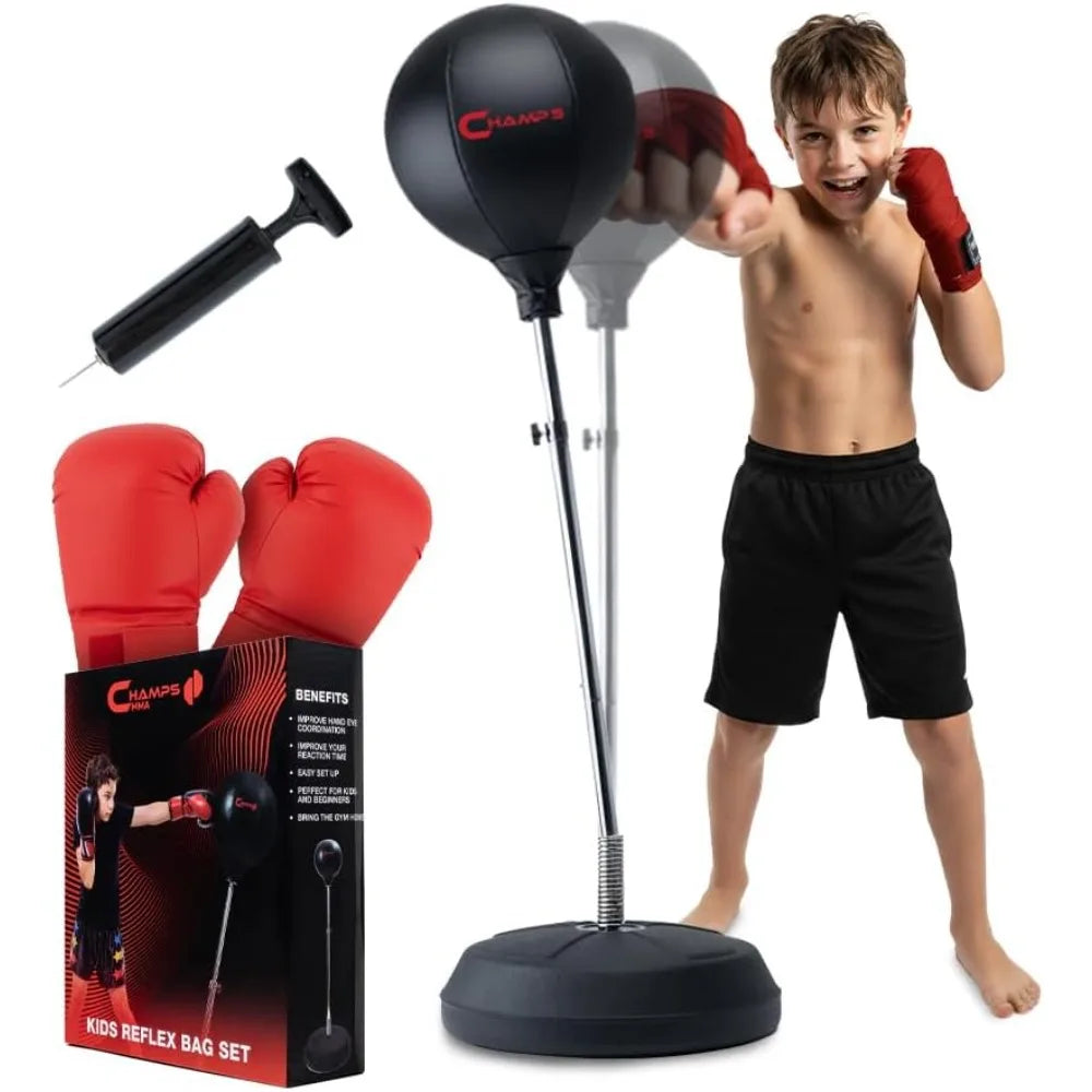 Champs MMA Punching Bag for Kids with Stand | Freestanding Reflex Bag Dummy | Adjustable Height Punch Bag Stand with Gloves