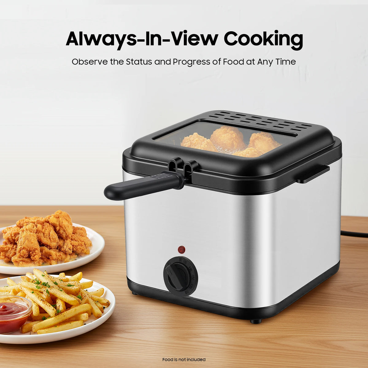 2.64Qt Stainless Steel Deep Fryer – 1000W – Adjustable Temp 176-374 ° F – Detachable Basket – Visual Lid – 3-Layer Insulation – 110V – for French Fries Chicken Home Kitchen – Silver Black