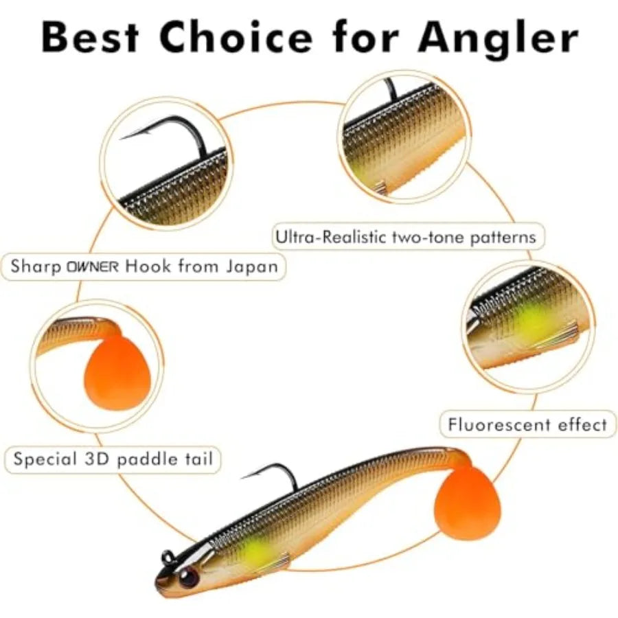 Shadtale Easy Catch Soft Fishing Lures with BKK Hooks - Trembly Sinking and Vibrating Swim for More Bites Pre-Rigged Swimbaits