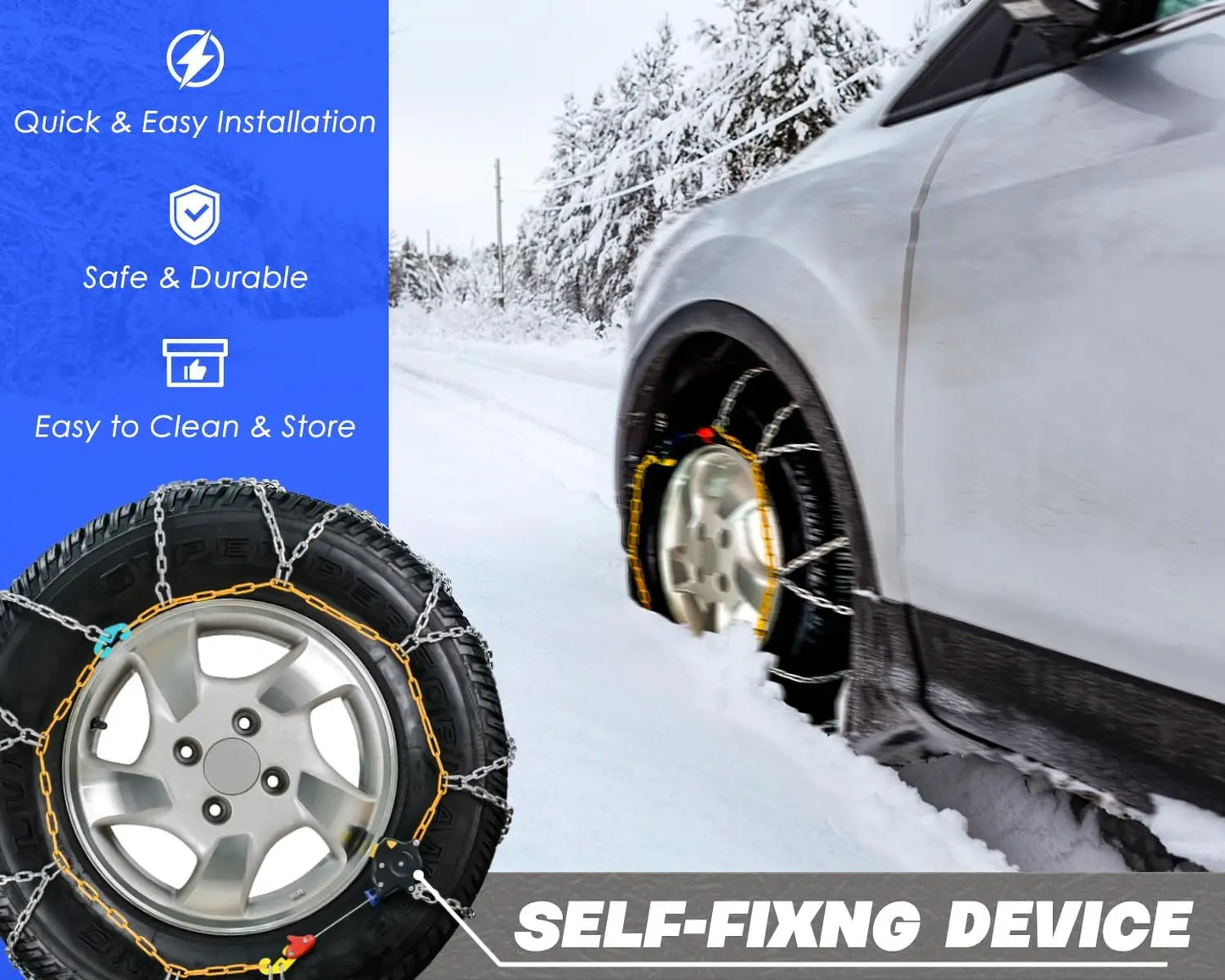 Snow-Chains Auto Fixing 1 Min Quick Fit Easy Installation Tire-Chains, Portable Reusable Universal