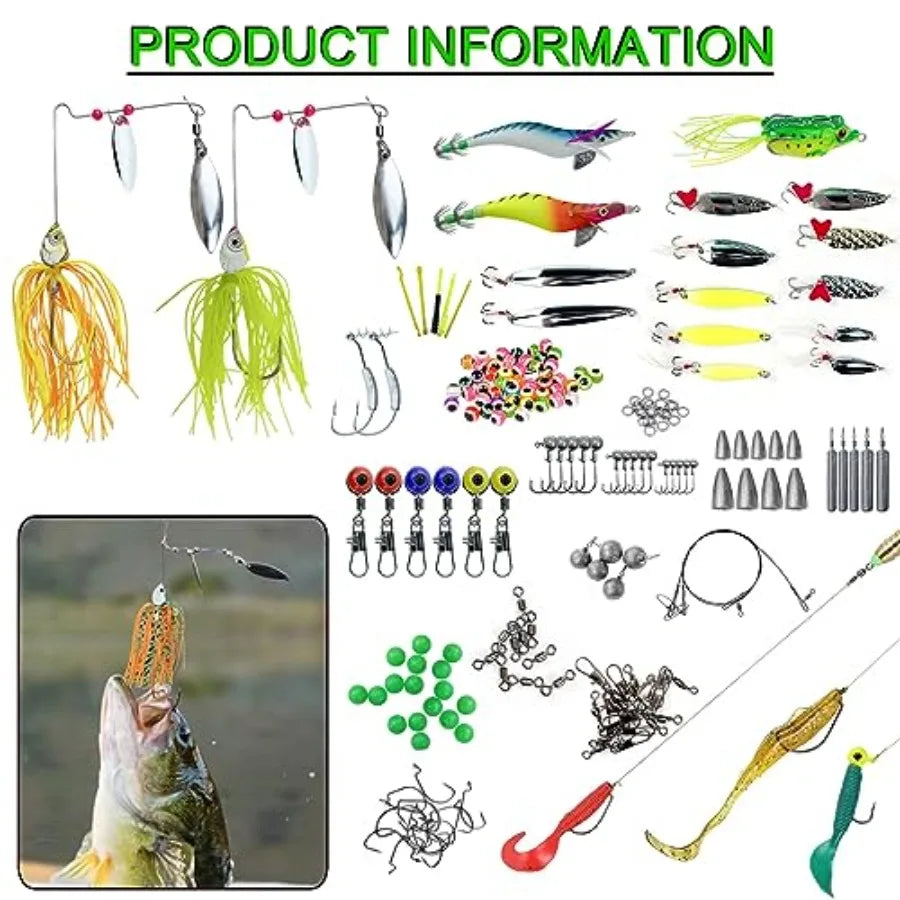 Fishing Lures Kit with Tackle Box Included Crankbait, Minnow, Spinnerbaits, Spoons, Soft Lures, Jigs, Hooks, Bait Rigs, Weights