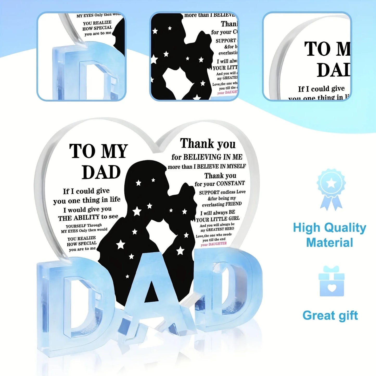 Dad Gifts from Daughter, Thank You Dad Gifts Acrylic Heart Plaque Gifts for Birthday Christmas Thanksgiving Fathers Day Present
