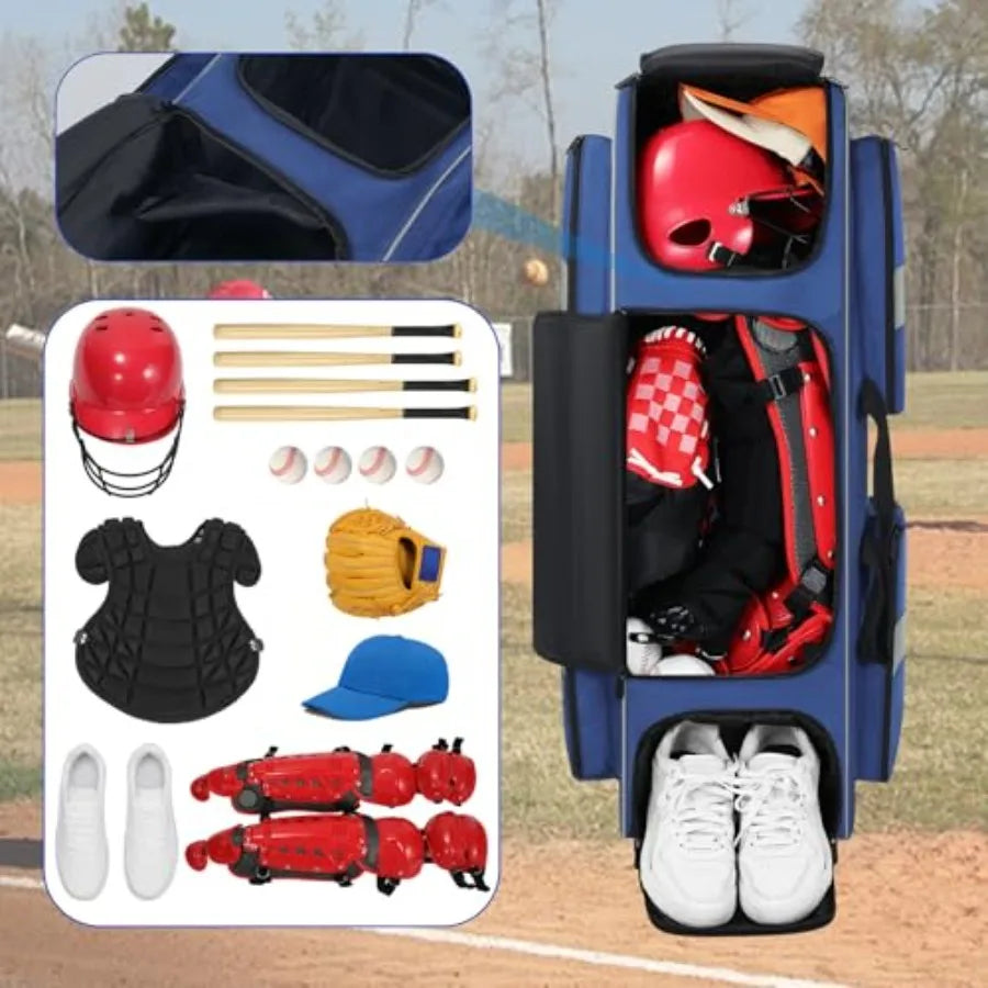 Catchers Gear Bag Baseball Bag with Wheels Large Capacity Softball Bag with Multiple Pockets and Separate Shoe Compartment Mult