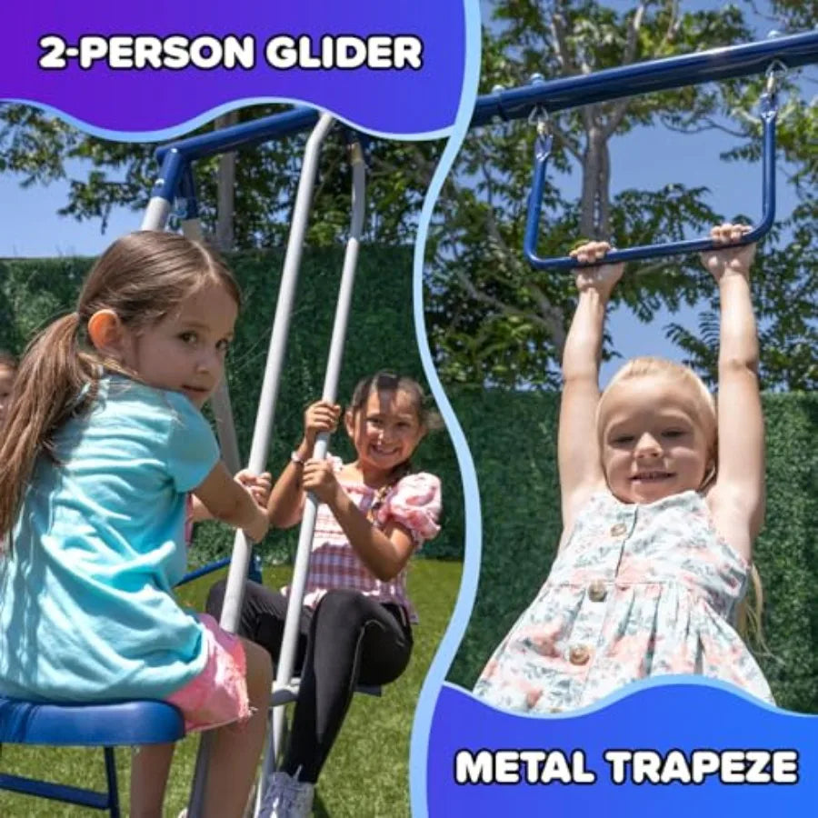 Arcadia Metal Swing Set for Trapeze 2-Person Glider 5ft Slide Anchor Kit 6.1' Durable Steel Frame Outdoor Backyard Playset with