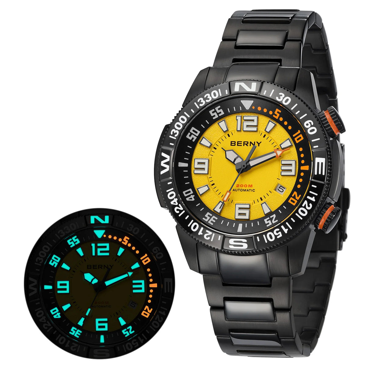 BERNY Automatic Diving Watches for Men 20ATM Super Luminous Mechanical Men's Diver Watch Full S/S Sapphire Swim Dive Wristwatch