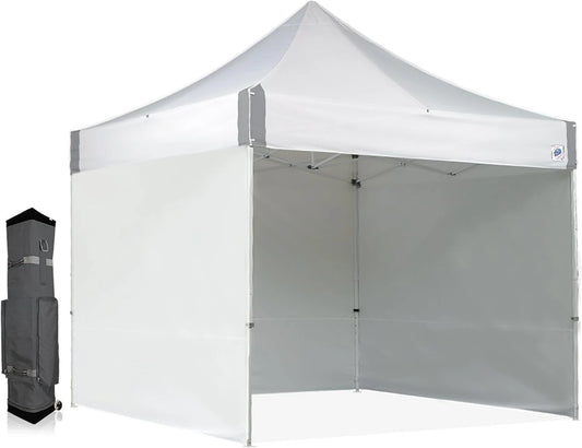 ES100S Instant Commercial Pop Up Canopy Tent, 10' x 10' with 3 Sidewalls, 1 Mid-Zip Sidewall and Wide-Trax Roller Bag, White