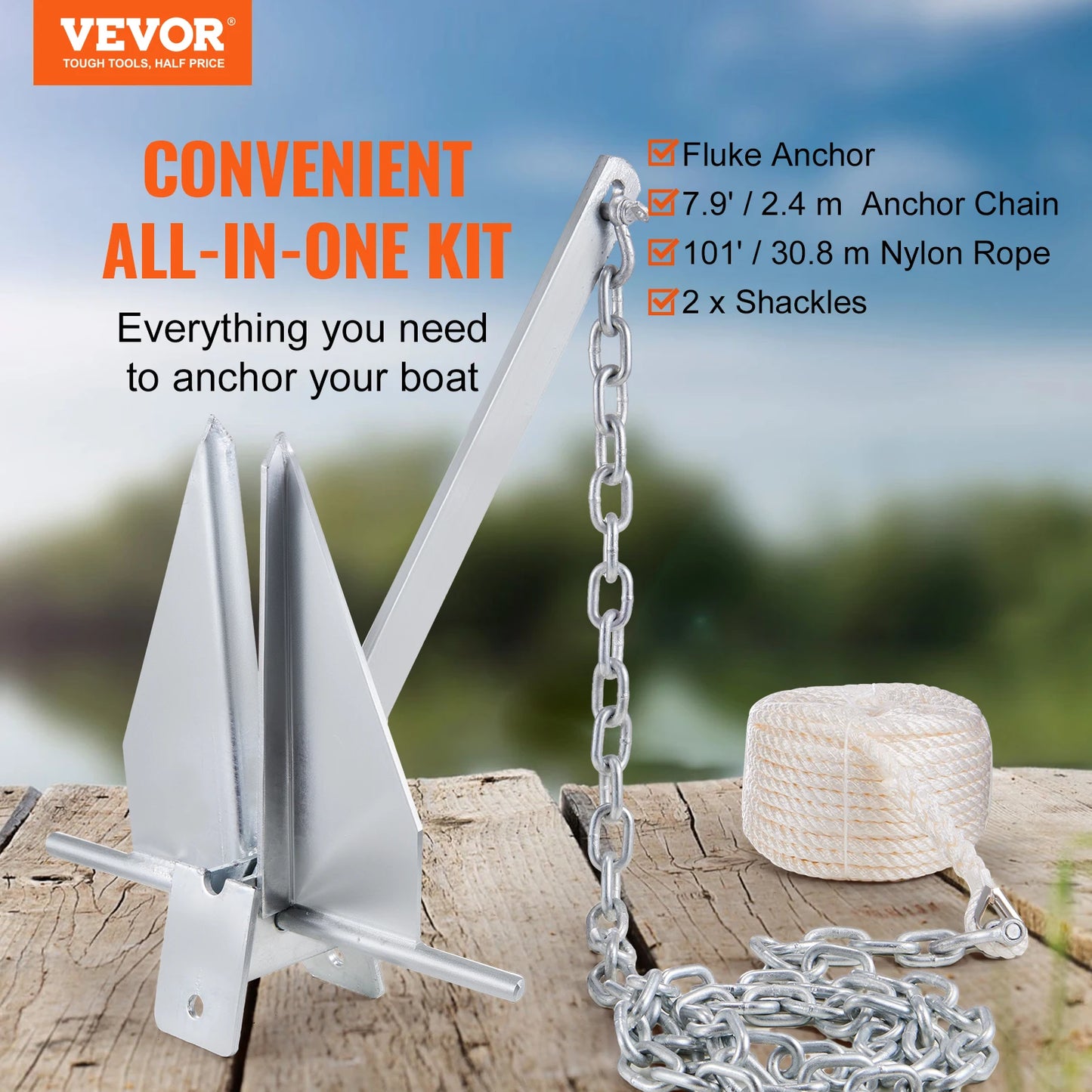 SucceBuy Fluke Style Anchor Kit 13 LBS Hot-Dipped Galvanized Steel Fluke Anchor with 7.9' Chain 101' Rope and Two 0.4" Shackle
