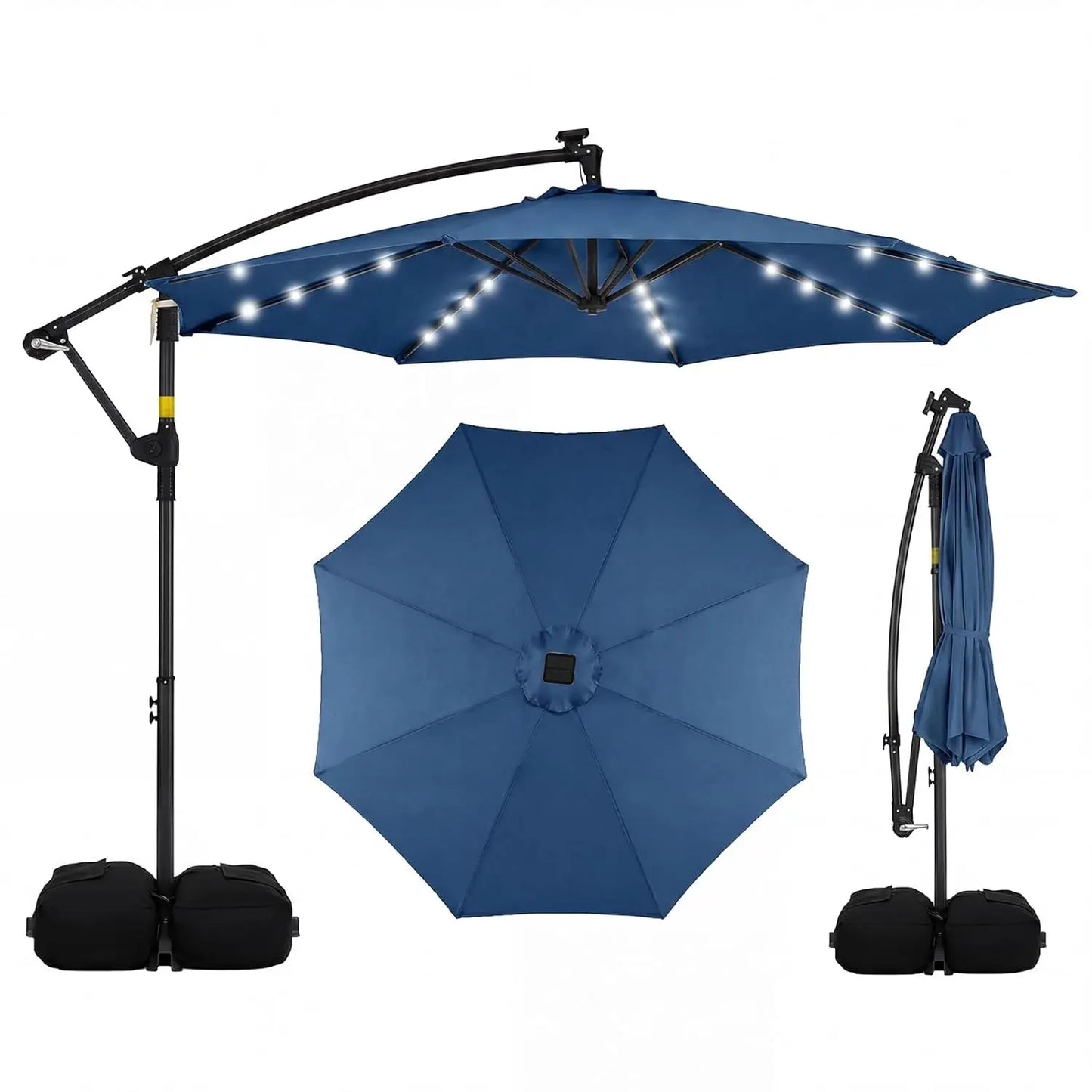 10ft Solar Patio Umbrella with Base Included, Offset Cantilever Outdoor Umbrella with 32 LED Lights, Infinite Tilt,  Customized