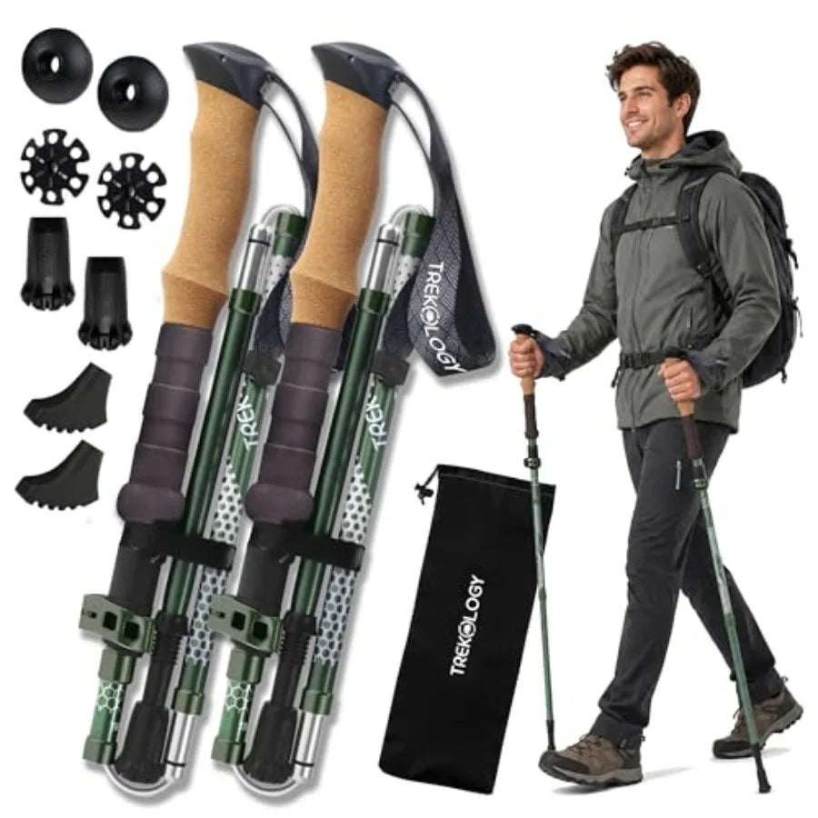 Trek-Z 2.0 Cork Trekking Pole Set - Hiking Poles Collapsible Lightweight Folding Walking Stick, 7075 Aluminum Collapsible Walki