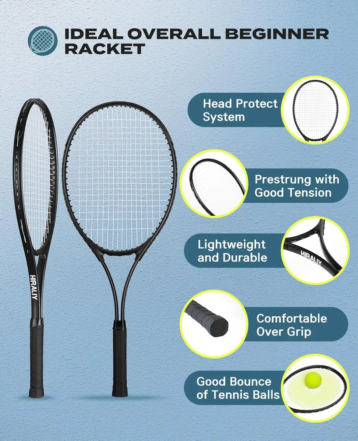 27 Inch Lightweight Tennis Rackets Set for Adults Beginners with 3 Balls & Carry Bag - Vibration Dampening & Large Sweet Spot