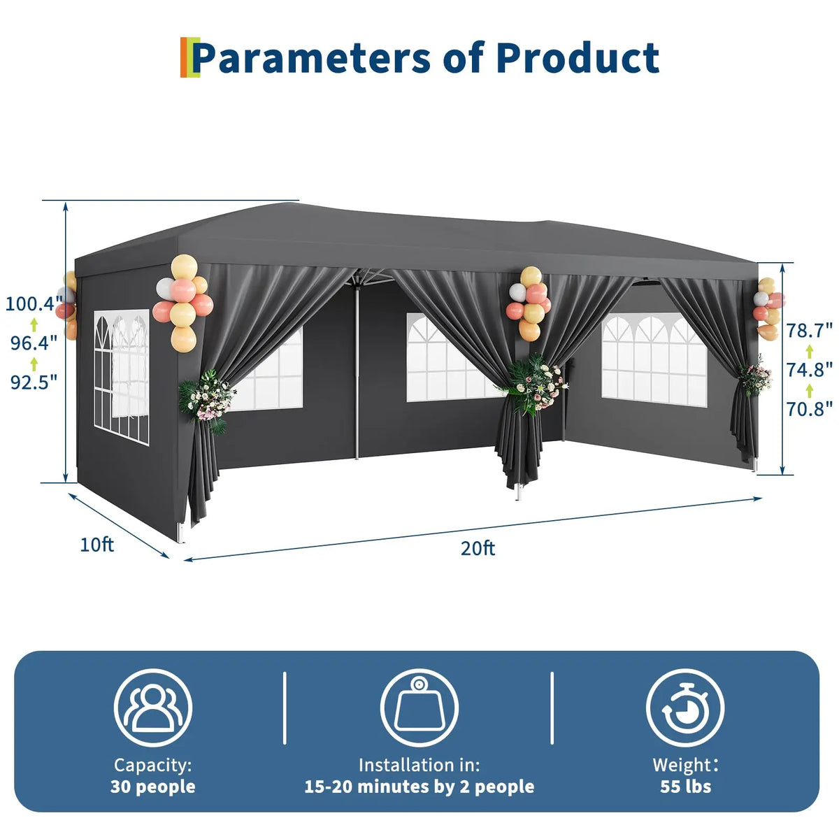 10x20 Commercial Pop Up Canopy Tent Heavy Duty Outdoor Event Shelter With 6 Sidewalls Waterproof Party Gazebo & Carry Bag