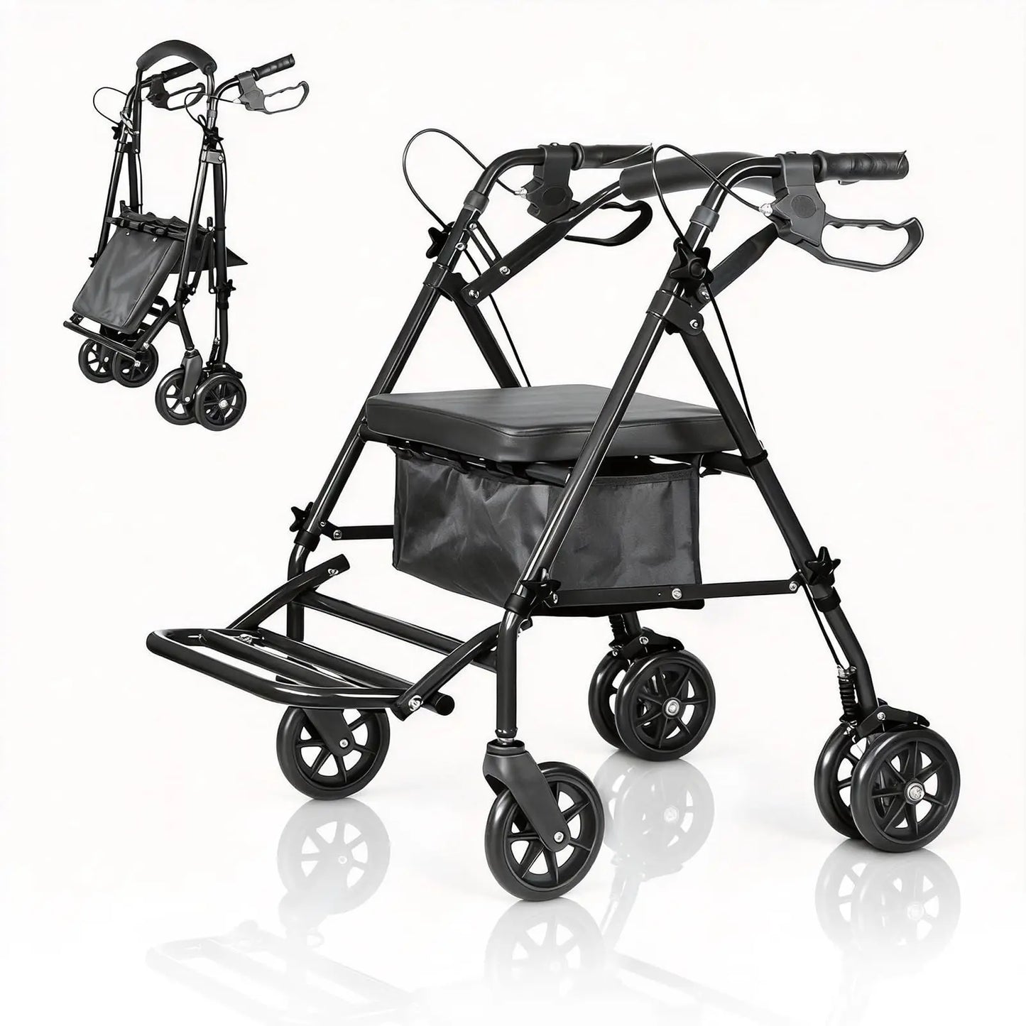 Folding Four Wheel Rollator, Lightweight Mobility Walker with Seat & Carry Bag, Underseat Storage, Portable Walking Aid 6'' Whee