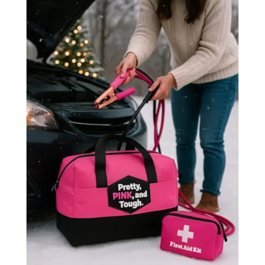 Pretty Pink Roadside Kit - Durable Car Accessories for Women - Pink Emergency Kit with First Aid Supplies Long Jumper Cables Em
